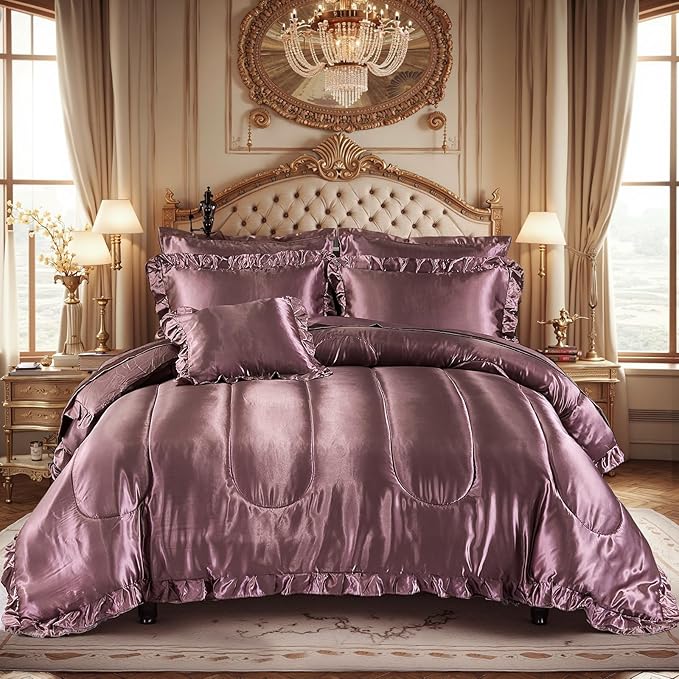 Silk Like Satin Comforter Set with Sheet Set King Size 8 Pieces Blush Pink Satin Bedding Set Silky Ruffle Pattern Home Deocr Luxury Silky Comforter Set with 1 Cushion Cover