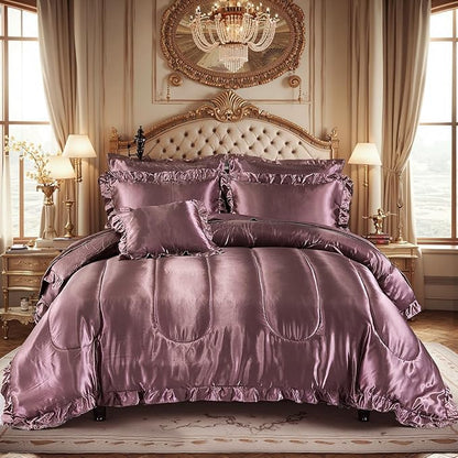 Silk Like Satin Comforter Set with Sheet Set King Size 8 Pieces Blush Pink Satin Bedding Set Silky Ruffle Pattern Home Deocr Luxury Silky Comforter Set with 1 Cushion Cover