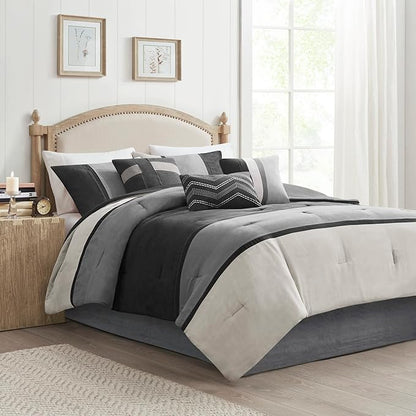 Madison Park Palisades Comforter Set Modern Faux Suede Pieced Stripe Design, All Season Down Alternative Cozy Bedding with Matching Shams, Decorative Pillows, Cal King(104"x92"), Black 7 Piece
