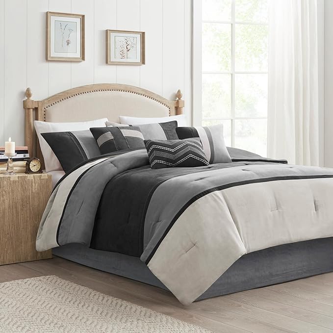 Madison Park Palisades Comforter Set Modern Faux Suede Pieced Stripe Design, All Season Down Alternative Cozy Bedding with Matching Shams, Decorative Pillows, King(104"x92"), Black 7 Piece