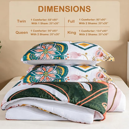 Boho Floral Queen Comforter Set - 3 Piece Farmhouse Botanical Bedding Comforter Sets for All Season Soft Lightweight Mid Century Modern Bed Set, (1 Reversible Comforter and 2 Pillow Shams