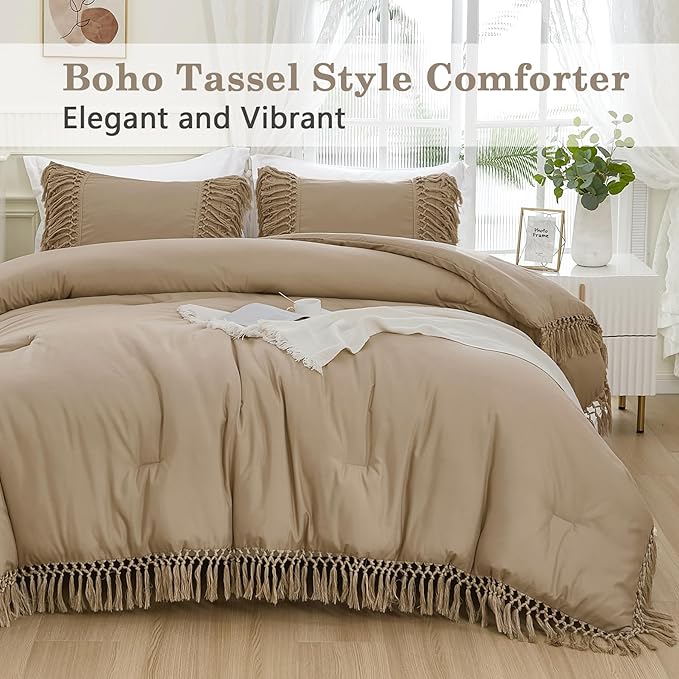 Andency Taupe Comforter Set California King, 3 Pieces Boho Tassel Lightweight Soft Bedding Comforter Sets for King Bed, All Season Fluffy Fringe Bed Set (104x96In Comforter & 2 Pillowcases)