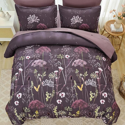 Yiran Purple Comforter Set King Size, 7 Piece Floral Dandelion Comforter Bedding Set, Botanical Bed in a Bag King, Soft Microfiber Complete Bedding Set with Sheets for All Season