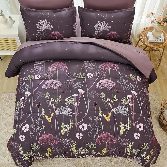 Yiran Purple Comforter Set Queen Size, 7 Piece Floral Dandelion Comforter Bedding Set, Botanical Bed in a Bag Queen, Soft Microfiber Complete Bedding Set with Sheets for All Season