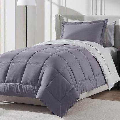 Nestl 5 Piece Twin XL Comforter Set – Grayish Purple Reversible Bed in a Bag – Complete Twin XL Size Bedding Set with Sheets, Pillowcase and Sham