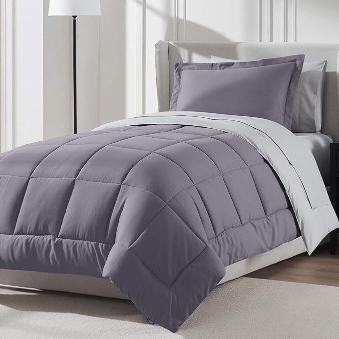 Nestl 5 Piece Twin Comforter Set – Grayish Purple Reversible Bed in a Bag – Complete Twin Size Bedding Set with Sheets, Pillowcase and Sham