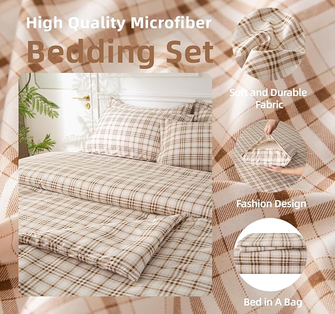 SDY 7 Piece Brown Plaid Comforter and Sheet Set,Queen Size Gingham Bedding Set,Super Soft Microfiber with 1*Comforter,1* Flat Sheet, 1*Fitted Sheet,2*Pillowcases and 2*PillowcaseShams
