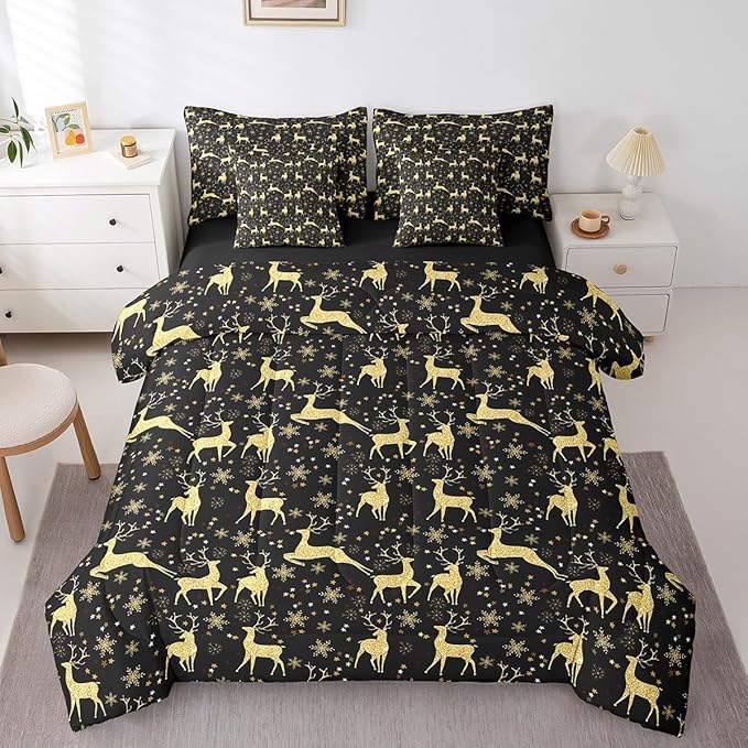Erosebridal Elk Deer Bed in a Bag 7 Pcs Queen,Golden Deers Comforter Set for Kids Teens,Merry Christmas Fitted Sheet,Xmas Winter Snowflake Sheet Set,Moose Wild Animals Wildlife Bedding Set Room Decor