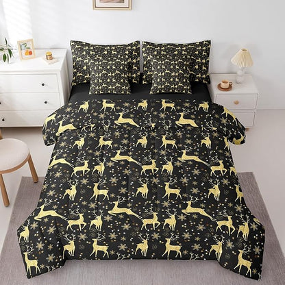Erosebridal Elk Deer Bed in a Bag 7 Pcs Queen,Golden Deers Comforter Set for Kids Teens,Merry Christmas Fitted Sheet,Xmas Winter Snowflake Sheet Set,Moose Wild Animals Wildlife Bedding Set Room Decor