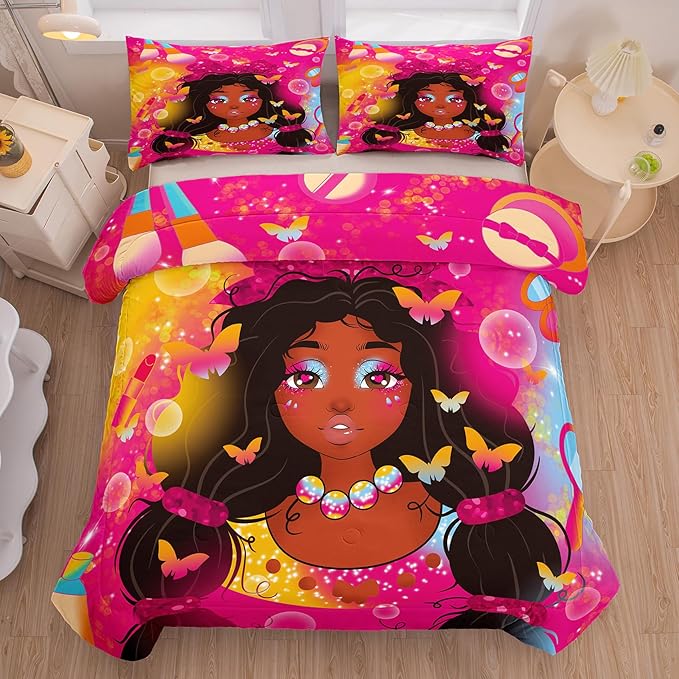 Tailor Shop Kawaii Black Girl Comforter Set Full Bedding Sets for Girls Fantasy Magic Cosmetic Pink Comforter African American Black Girl Bedding Set Girls Room Decor with 2 Pillowcases