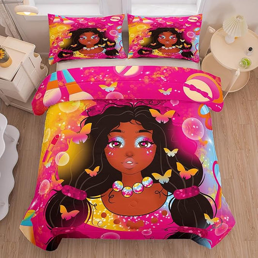 Tailor Shop Kawaii Black Girl Comforter Set Full Bedding Sets for Girls Fantasy Magic Cosmetic Pink Comforter African American Black Girl Bedding Set Girls Room Decor with 2 Pillowcases