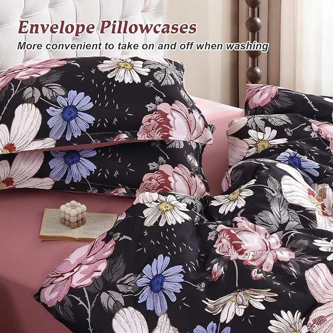 Luxudecor Queen Comforter Set 7 Pieces Bedding Sets,Black Pink Floral Comforter and Sheet Set,Soft Microfiber Bed in a Bag for All Seasons (Black Pink,90"x90")