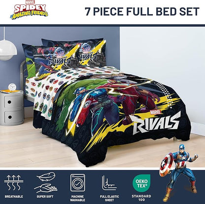 Jay Franco Kids Comforter Set Includes Sheets and Pillow Covers - Soft and Cozy Bed Set for Stylish Room Decor, Official Licensed Bedding, Multi - Marvel Rivals, 7 Piece Full