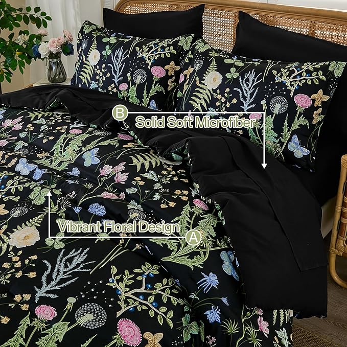 Yiran Black Green Floral Comforter Set Queen Size, 7 Piece Botanical Comforter Bedding Set, Farmhouse Bed in a Bag, Soft Microfiber Complete Bedding Set with Sheets for All Season