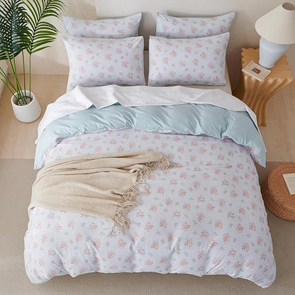 Queen Size Comforter Floral 3 Pieces Soft Cute Floral Bedding Lightweight Blue Garden Style Floral Botanical Comforter for All Seasons and 2 Pillowcases