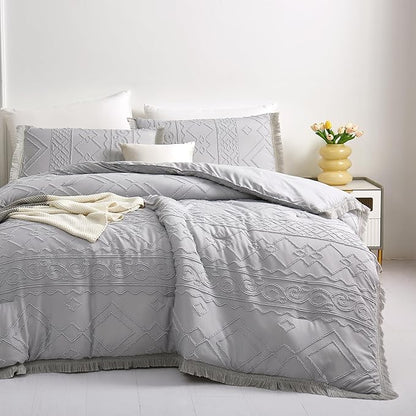 Boho King Size Comforter Set Grey 3 Pieces Tufted Tassel King Comforter Set Prime Lightweight Down Comforter King Size Gray Shabby Chic Boho Bedding Farmhouse Fluffy Comforter Bed Set Gift Choice
