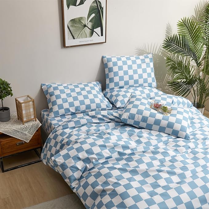 Pureant Blue and White Plaid Comforter Set Twin Blue Checkerboard Grid Bedding Comforter Sets Buffalo Grid Twin Comforter for Women Men Soft Checkered Geomertic Comforter Sets