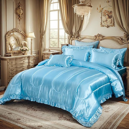 Silky Comforter Set with Sheet Set Queen 8 Pcs Baby Blue Bed in a Bag Light Blue Bedding Set Silk Like Satin Ruffle Pattern Home Deocr Sexy Hotel Silky Bed Set with 1 Cushion Cover