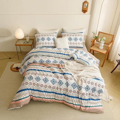 CLOTHKNOW Aztec Boho King Size Comforter Set Southwest Bedding Comforter Sets White Blue Comforter American Tribal Navajo Comforter with 2 x Pillowcases