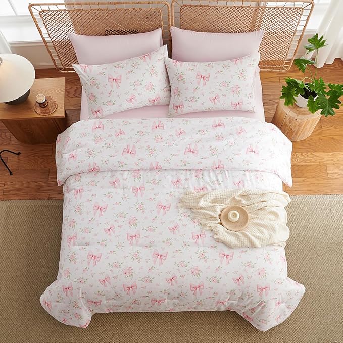 Pink Bow Comforter Set Queen 3Pcs Pink Floral Bedding Set for Girls Kids Cute Romantic Princess Style Bowknot Bedding Ultra Soft Garden Flower Comforter Sets with 2 Pillowcases