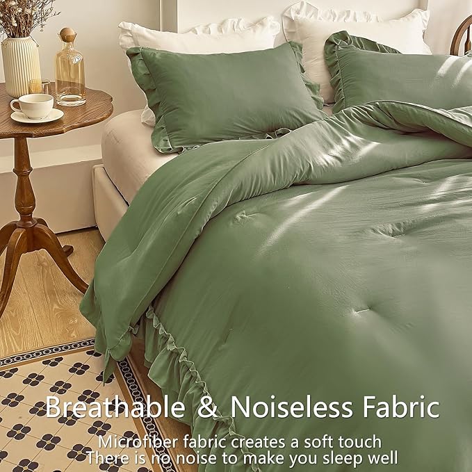 AIKASY Sea Green Comforters Twin Size Set, Vintage Boho Chic Farmhouse Bedding Sets Shabby Ruffle Queen Bed Comforter Bedding 3PCS（1 Comforter and 2 Pillowcases）