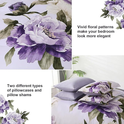 Dobuyly Purple Queen Comforter Set 7 Piece Bed in a Bag Queen, Purple Floral Printed on Light Purple Comforter Set with Sheets, Soft Microfiber Botanical Complete Bedding Set for All Season