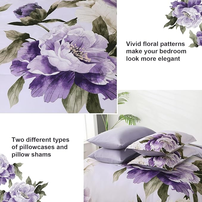 Dobuyly Purple Comforter Set Full Size 7 Piece Bed in a Bag Full, Purple Floral Printed on Light Purple Comforter Set with Sheets, Soft Microfiber Botanical Complete Bedding Set for All Season