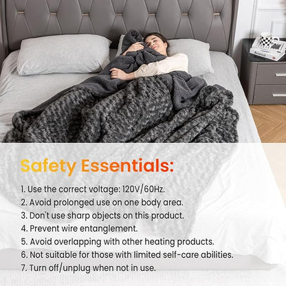 WOOMER Heated Blanket Full Size 77" x 84", Electric Blanket with a Control, 0.5-12 Hours Timer & 10 Heating Levels, ETL Certified, Dark Grey Roses Patterns Faux Fur & Sherpa, Machine Washable