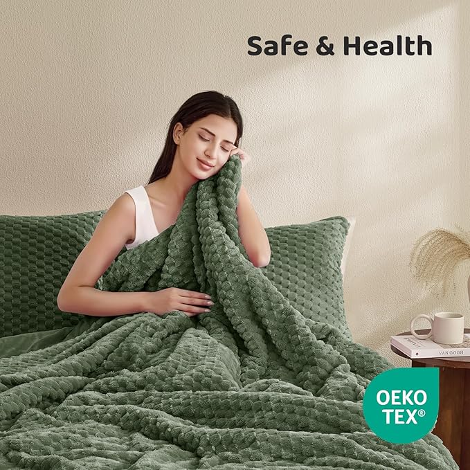 Petrichor Fluffy Twin Comforter Set - Ultra-Soft Green Flannel Thick Comforter for Queen Bed, Luxury Warm Bedding Set for Winter & Fall, Cozy Fuzzy Bed Set 2 Pieces (1 Comforter & 1 Pillowcase)