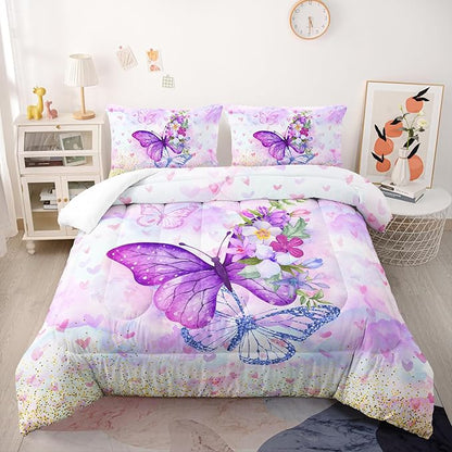 Violet Butterfly Comforter Set 3 Pieces Bedding Set for Kids Teen Boys Twin Size ，Cute Flower Butterfly Bedding Set for Bedroom Soft Microfiber All Season 3pcs(1 Comforter & 2 Pillowcases)