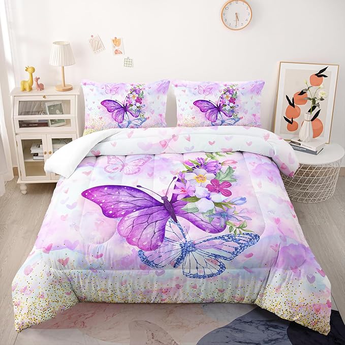 Violet Butterfly Comforter Set 3 Pieces Bedding Set for Kids Teen Boys King Size ，Cute Flower Butterfly Bedding Set for Bedroom Soft Microfiber All Season 3pcs(1 Comforter & 2 Pillowcases)