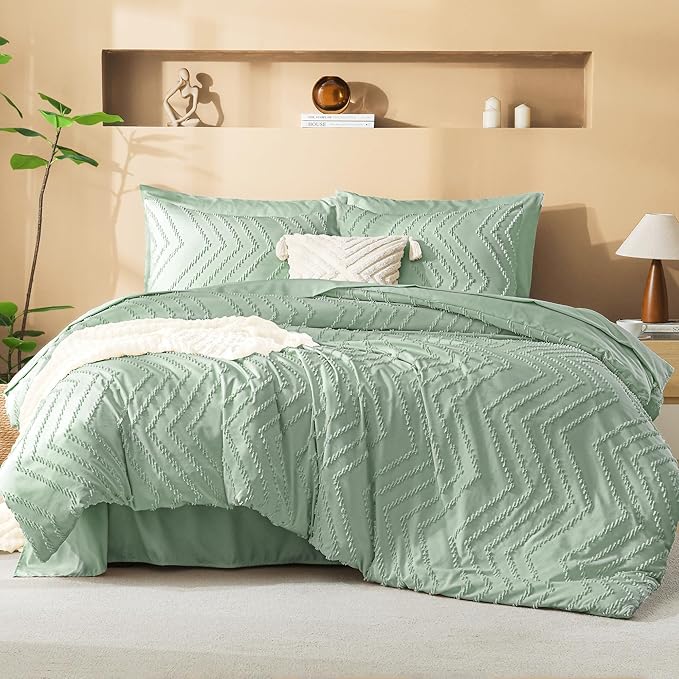 Litanika Sage Green Queen Size Comforter Set with Sheets - 7 Pieces Bed in a Bag Queen Boho Tufted Complete Bedding Sets with Comforter, Sheets, Pillowcases & Shams