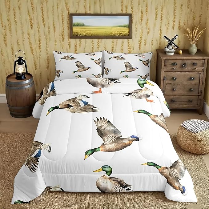 Feelyou Mallard Duck Bedding Set Hunting and Fishing Comforter Set Wild Animal Comforter for Boys Girls Kids Wildlife White Duvet Set Toddler Size with 1 Pillow Case