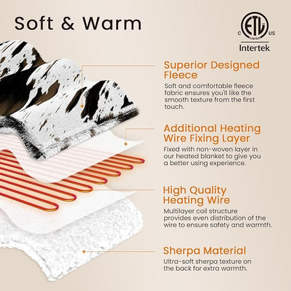 Cow Print Heated Blanket Twin-Heating Electric Blanket Twin with 10 Heat Levels & 10 Hours Auto-Off, Cozy Soft Fleece Sherpa, Washable, 62 x 84 Inches Cow Print White