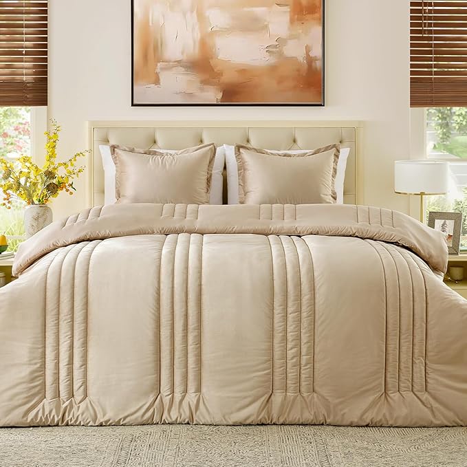 MUSSEL Bedding Comforter Set Queen Size 3 Pieces-Neutral Beige Champagne Striped Lightweight Bedroom Comforter Queen Size,Soft Velvet Bed Set for All Seasons with 2 Shams