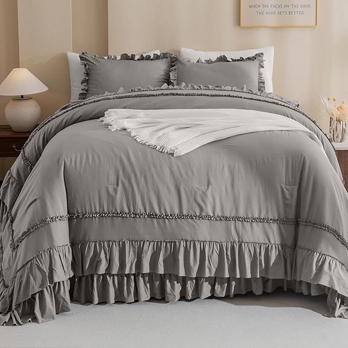 QSH Grey Oversized California King Ruffled Bed Comforter Set 128x120, Farmhouse Vintage Chic Comforter Set Gray French Country Bedding Comforter Soft Microfiber Fluffy Bedding 3 PCs