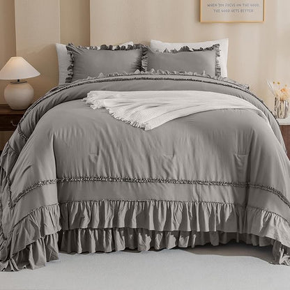 QSH Grey Oversized California King Ruffled Bed Comforter Set 128x120, Farmhouse Vintage Chic Comforter Set Gray French Country Bedding Comforter Soft Microfiber Fluffy Bedding 3 PCs