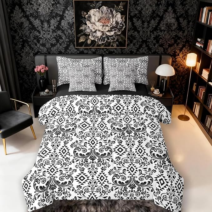 Comforter Set King Size, Black Aztec Damask 7 Pcs Bedding for Kids and Adults, Victorian Decor Western Baroque Goth Bed Sheet Sets with Fitted Sheet 2 Pillowcases & 2 Shams for Bedroom Bed Decor