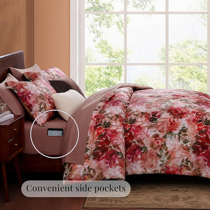 CASAAGUSTO Queen Comforter Set, 7 PCS Red Rose Floral Comforter Set with Flowers Leaves Pattern, Soft Seersucker Design All Season Queen Size Bedding Set(90"X90")