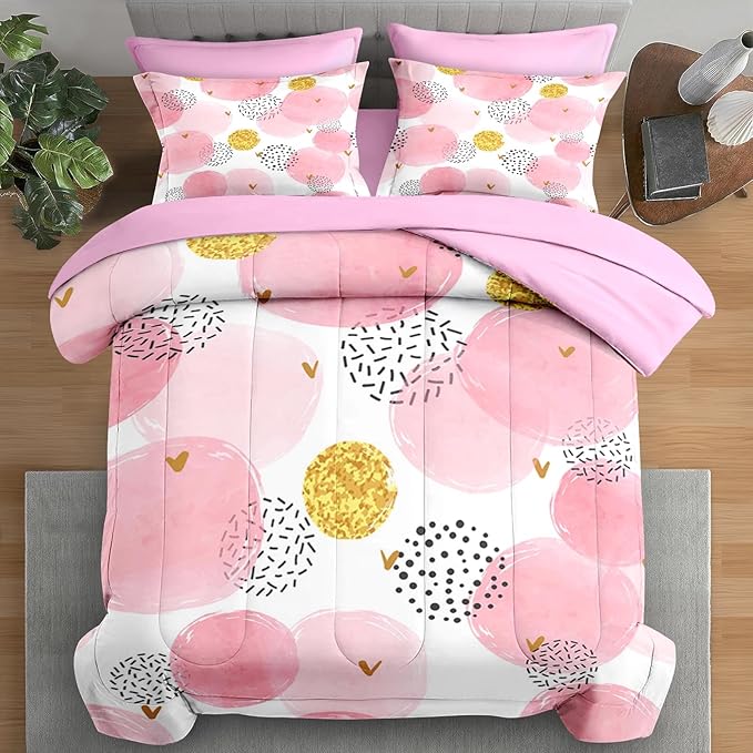 Comforter Set Full Size, Polka Dot Pink 7 Pcs Bedding for Kids and Adults, Watercolor Spots Circles Bed Sheet Sets with Fitted Sheet 2 Pillowcases & 2 Shams for Bedroom Bed Decor