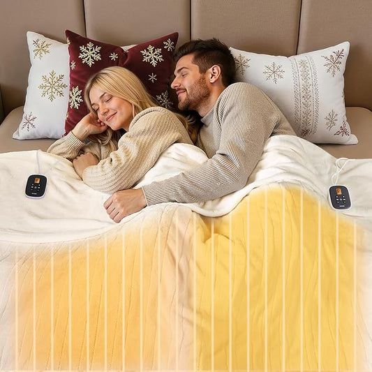 WOOMER Heated Blanket King Size 100" x 90", Electric Blanket with Dual Controllers, 0.5-12 Hours Timer & 10 Heating Levels, ETL Certified, White Double-Sided Velvet, Machine Washable