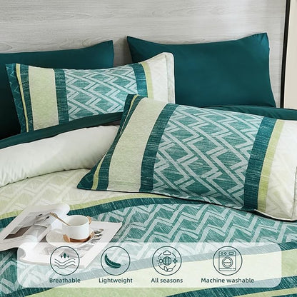 Cottolester Green Comforter Set King Size,Boho Striped Bed in a Bag,Spring Summer Plaid Comforter and Sheet Set, Soft Microfiber Complete Bedding Sets
