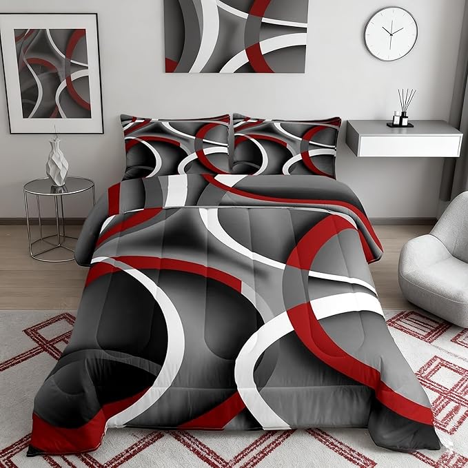 Castle Fairy Stripes Comforter Set King Size Teens Gray Black Red Swirls Room Decor Abstract Circle Bedding Set, Soft Lightweight Modern Simple Style Duvet, Retro Quilt, 1 + 2 Pillowcases