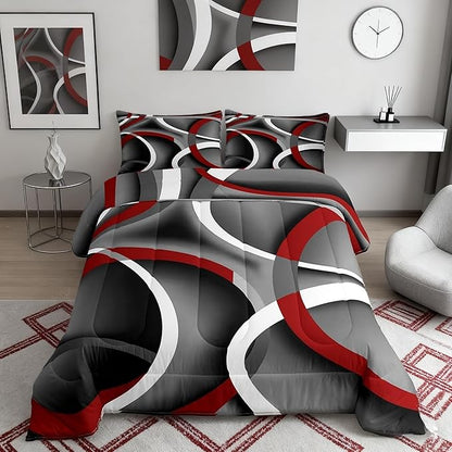 Castle Fairy Stripes Comforter Set King Size Teens Gray Black Red Swirls Room Decor Abstract Circle Bedding Set, Soft Lightweight Modern Simple Style Duvet, Retro Quilt, 1 + 2 Pillowcases