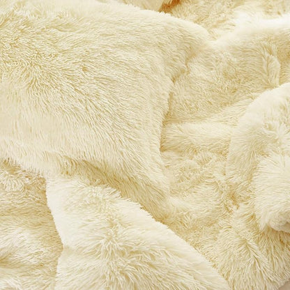 Flysheep Luxury Faux Fur King Size Winter Comforter Set Shaggy Velvet Cream Beige Long Hair, 3 Pieces Plush Flannel Sherpa Backing Reversible Soft Microfiber Super Warm Bedding Set for Holiday