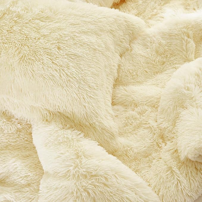 Flysheep Luxury Faux Fur Full/Queen Size Winter Comforter Set Shaggy Velvet Cream Beige Long Hair, 3 Pieces Plush Flannel Sherpa Backing Reversible Soft Microfiber Super Warm Bedding Set for Holiday
