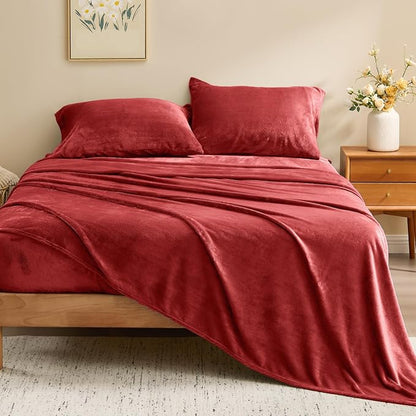 BEDELITE Flannel Sheets King Size Red - Super Soft Fleece Sheets Set Fluffy Extra Plush, 4 Piece(Include Fitted Sheet, Flat Sheet, 2 Pillowcases)