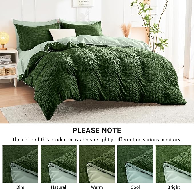 HYMOKEGE Dark Green/Sage Green Twin Comforter Set Seersucker 5 Pieces, All Season Luxury Bed in a Bag for Bedroom, Bedding Set with Comforter, Sheets, Pillowcase & Sham
