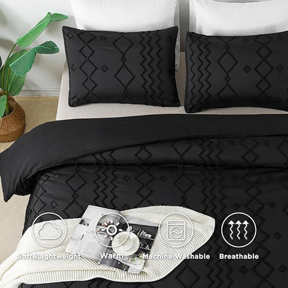 Andency Black Tufted Comforter Set Full(79x90Inch), 3 Pieces(1 Tufts Comforter, 2 Pillowcases) Boho Textured Farmhouse Bed Set, Microfiber Down Alternative Geometric Bedding