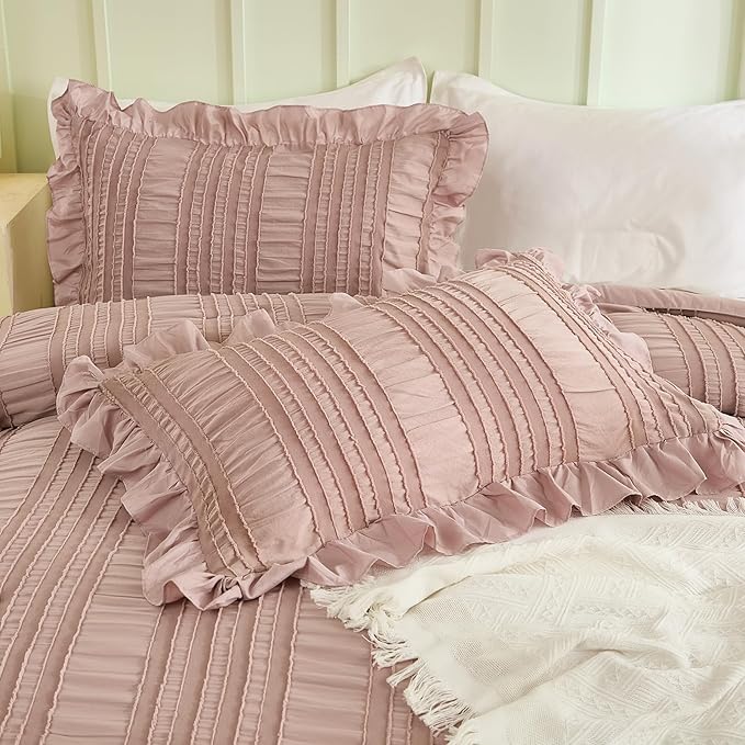 WONGS BEDDING Pink Comforter Set King,3 Pieces Ruffle Farmhouse Shabby Chic Boho Comforter for King Bed,Soft Textured Bedding Set with 1 Ruffle Comforter,2 Tufted Pillowcases 104"×90"